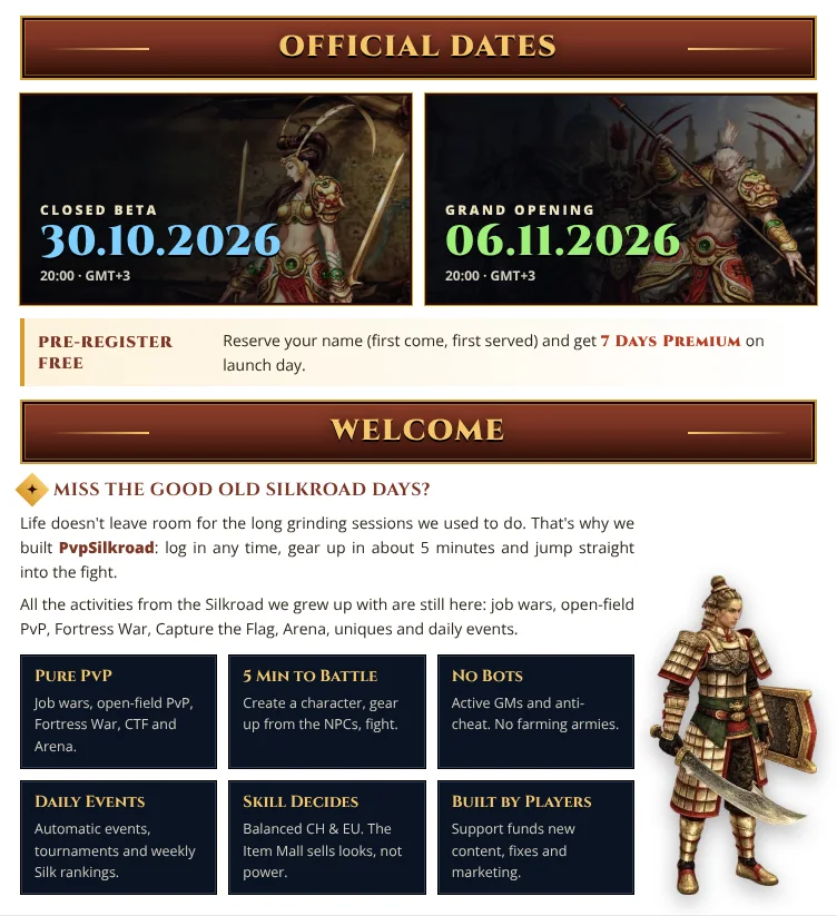 Official dates: closed beta 30.10.2026 and grand opening 06.11.2026 at 20:00 GMT+3. Pre-register free for 7 Days Premium. Welcome: pure PvP, 5 minutes to battle, no bots, daily events, skill decides, built by players.