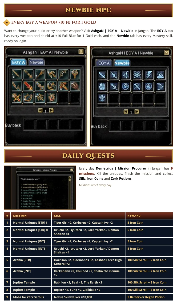 Newbie NPC AshgaN in Jangan sells every EGY A weapon and shield +10 Full Blue for 1 Gold and every Mastery skill. Daily quests: Demetrius the Mission Procurer has 9 daily missions rewarding Silk, Iron Coins and Zerk Potions.