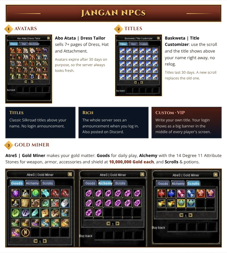 Jangan NPCs: Abo Atata the Dress Tailor sells avatars, Baskweta the Title Customizer sells titles (Titles, Rich, Custom VIP) and AtreS the Gold Miner sells goods, Degree 11 attribute stones and scrolls.