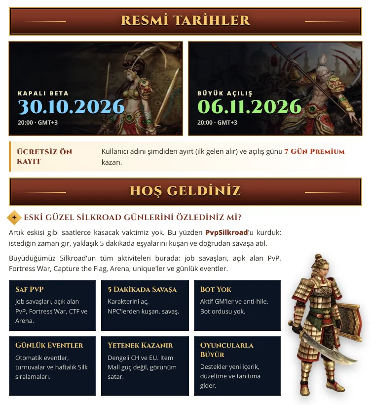 Resmi tarihler: kapalı beta 30.10.2026, büyük açılış 06.11.2026, saat 20:00 GMT+3. Ücretsiz ön kayıt ol, 7 gün Premium kazan.