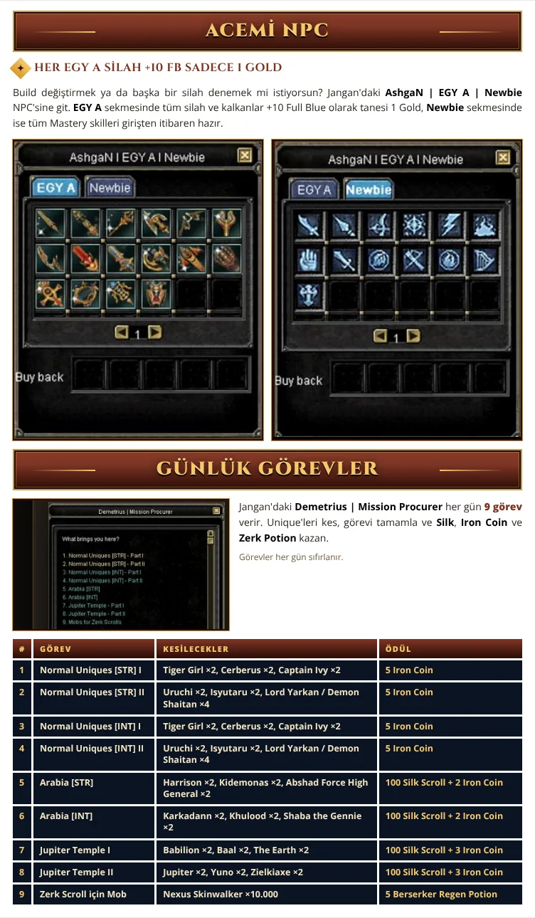 Acemi NPC AshgaN (Jangan): her EGY A silah +10 FB sadece 1 Gold, tüm Mastery skilleri hazır. Günlük görevler: Demetrius'ta her gün 9 görev; Silk, Iron Coin ve Zerk Potion ödülü.
