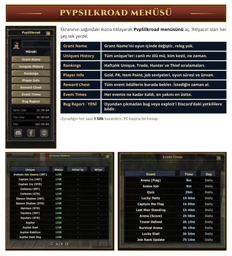 PvpSilkroad menüsü: Grant Name, Uniques History, sıralamalar, oyuncu bilgisi, ödül sandığı, event zamanları ve hata bildirimi. Oynadığın her saat 1 Silk.