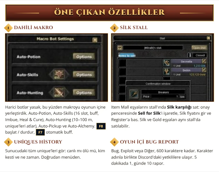 Öne çıkan özellikler: oyun içi dahili makro, Item Mall eşyalarını stall'da Silk karşılığı satma, Uniques History ve oyun içi hata bildirimi.