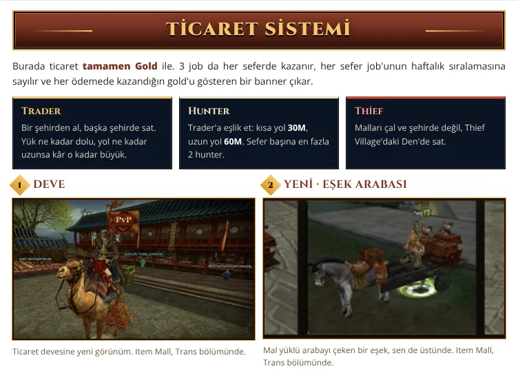 Ticaret sistemi tamamen Gold: Trader, Hunter ve Thief her seferde kazanır. Yeni deve ve eşek arabası görünümleri.