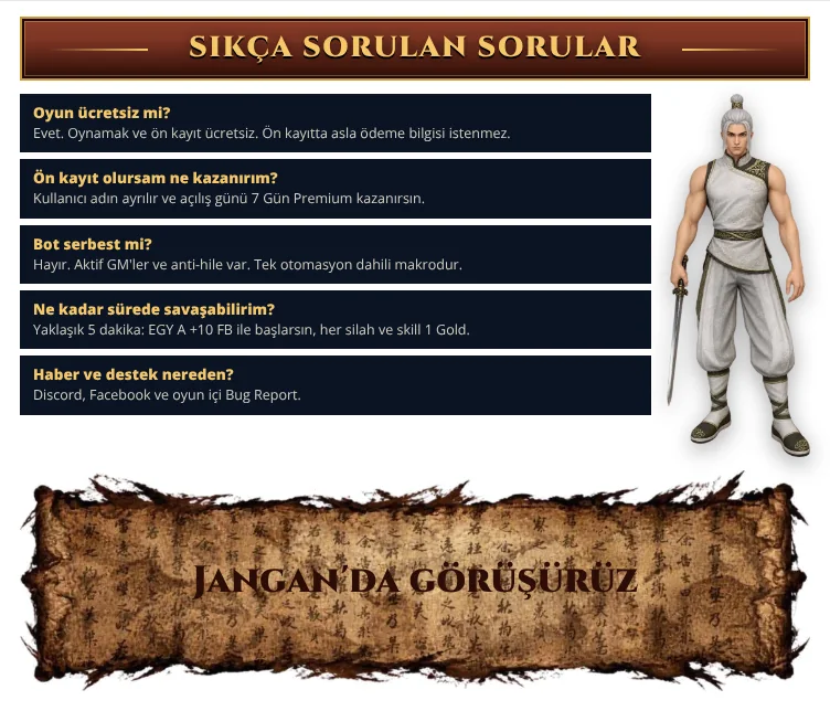 SSS: oyun ücretsiz, ön kayda 7 gün Premium, bot yok, yaklaşık 5 dakikada savaşa hazır. Jangan'da görüşürüz.